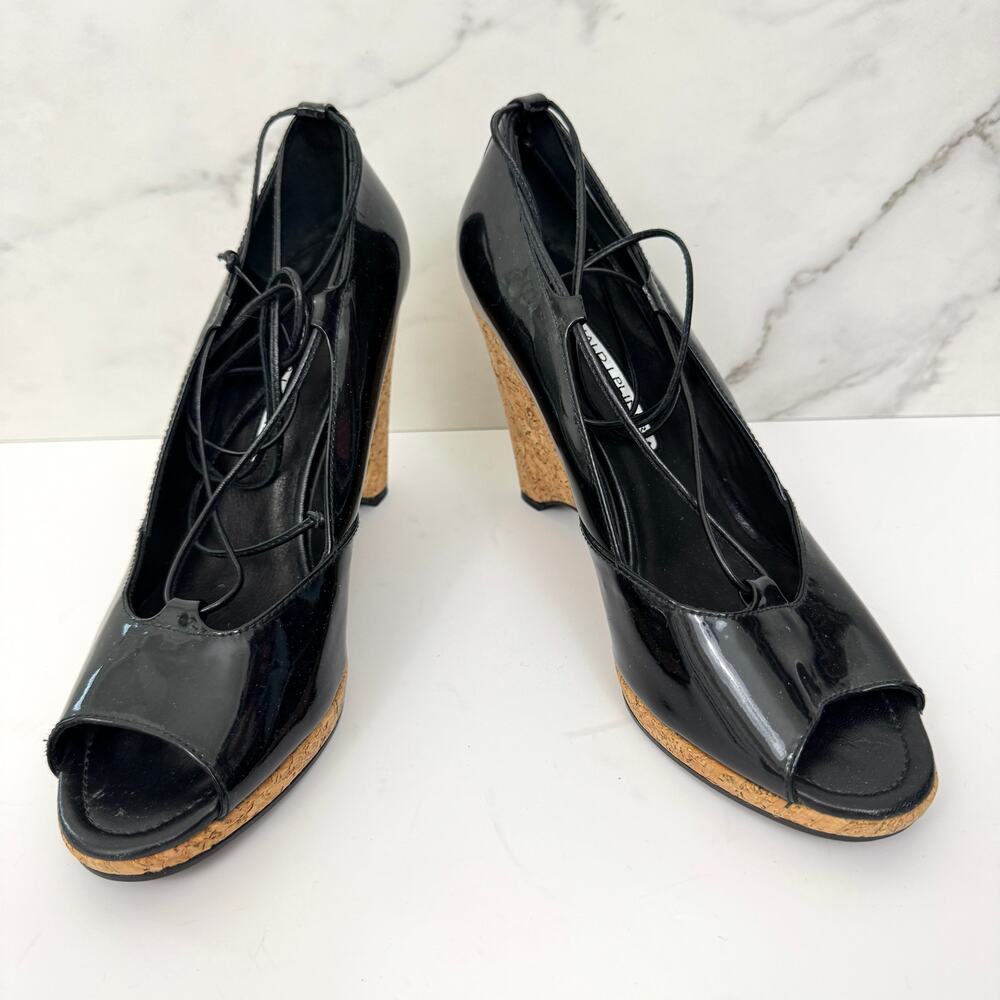 Donald J Pliner Womens Mana Wedge Sandals Size 10 Lace Up Cork Leather Black